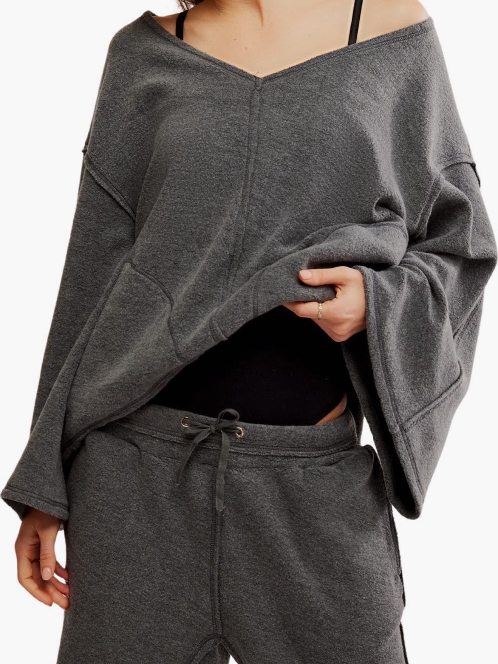 Free People Day Off Fleece Dark Gray Slouchy Off-Shoulder V-Neck Sweatshirt